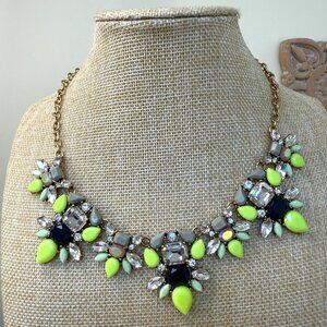J Crew Statement Necklace Bib With Yellow & Navy Crystal Floral Design Adjustabl